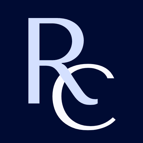 Logo with initials R in light blue and C in white on a dark blue background