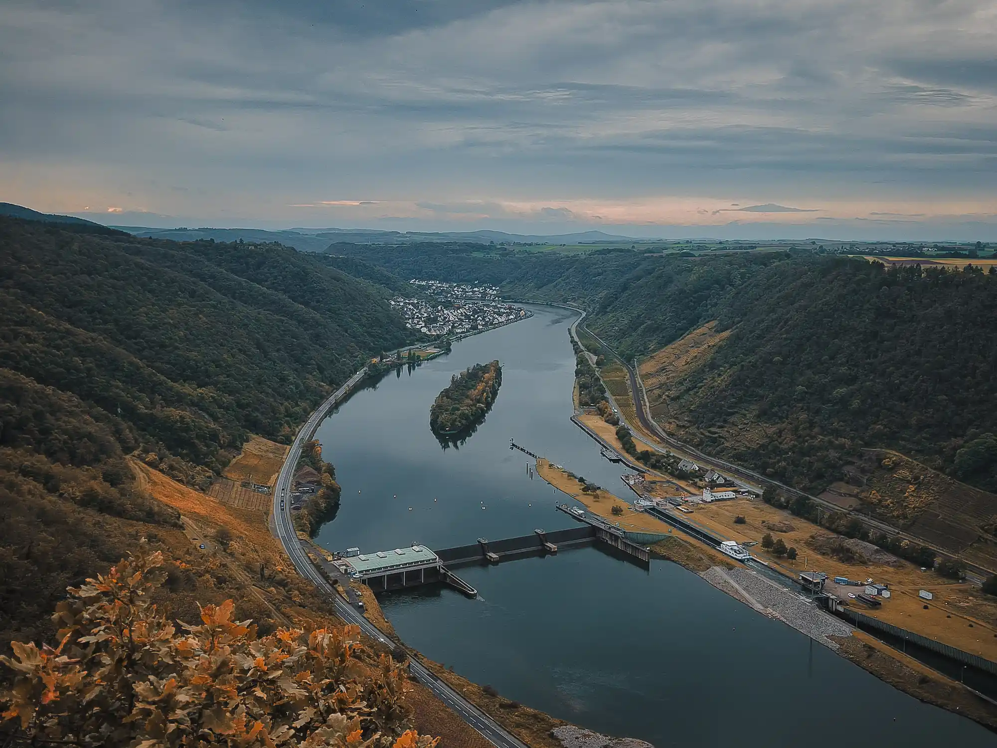 View of the Moselle River with canal, dam and island