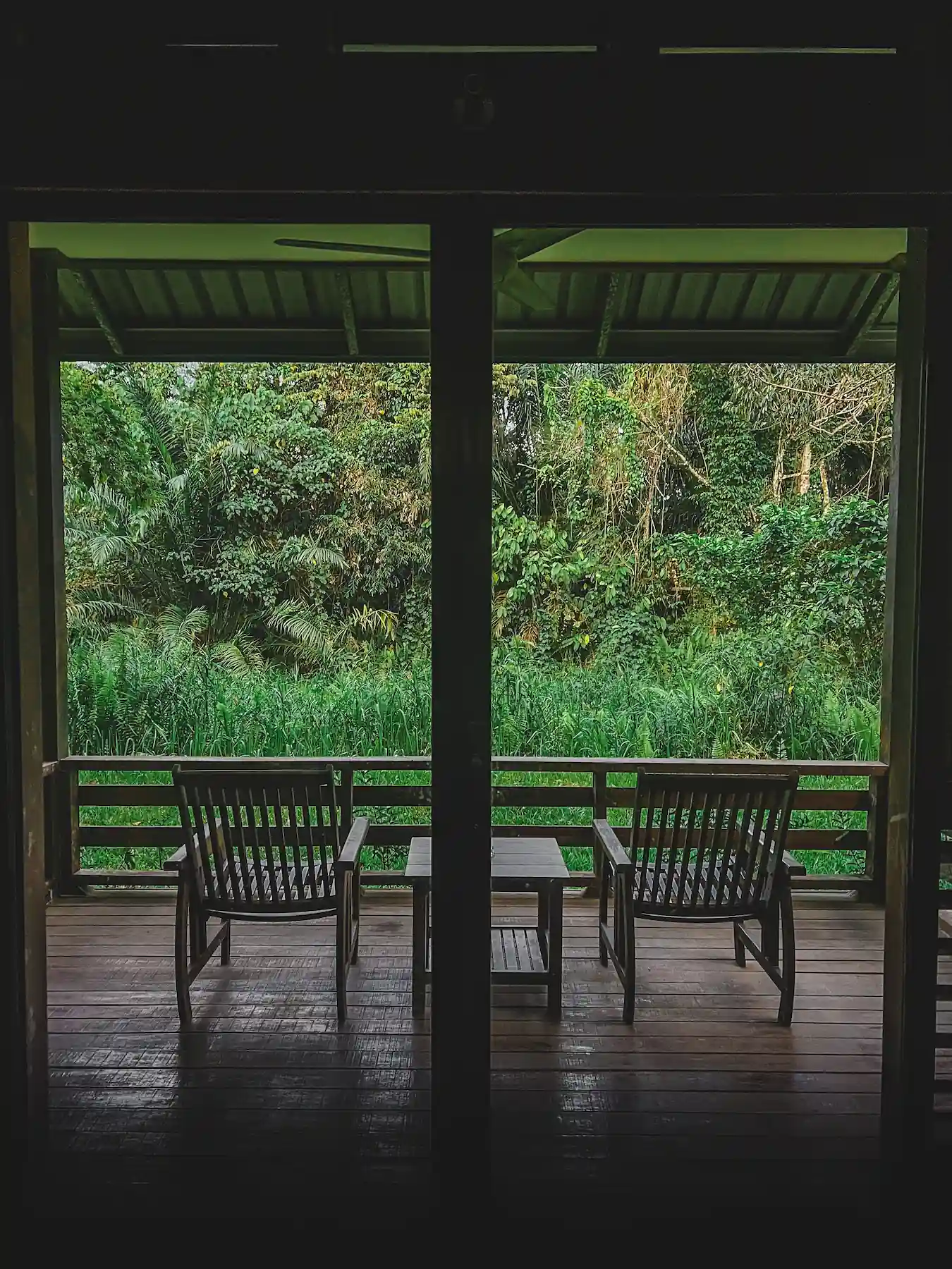 Two chairs and a table on the deck of a rainforest lodge